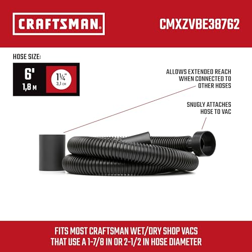 CRAFTSMAN CMXZVBE38762 1-1/4 in. x 6 ft. Friction Fit Wet Dry Vacuum Hose | Shop Vacuum Hose Attachment, Fits Most CRAFTSMAN Wet/Dry Vacs with a 2-1/2 inch Drum Inlet, Attaches to 1-1/4 in. Accessories - style: 1-1/4 in. by 6 ft.