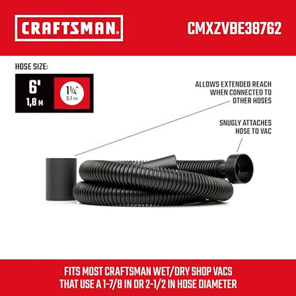 CRAFTSMAN CMXZVBE38762 1-1/4 in. x 6 ft. Friction Fit Wet Dry Vacuum Hose | Shop Vacuum Hose Attachment, Fits Most CRAFTSMAN Wet/Dry Vacs with a 2-1/2 inch Drum Inlet, Attaches to 1-1/4 in. Accessories - style: 1-1/4 in. by 6 ft.