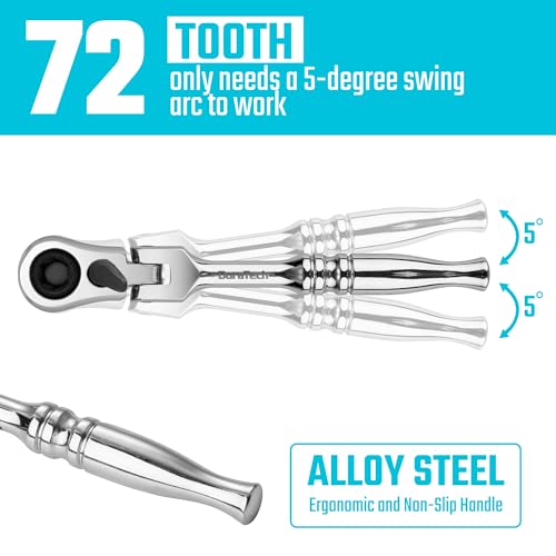 DURATECH 1/4" Drive Ratchet Handle, 2 in 1 Flex Head, Socket & Bit Driver | 72-Tooth, Reversible Switch, Full-Polished, Chrome Plating, Alloy Steel - size: 1pc