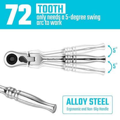 DURATECH 1/4" Drive Ratchet Handle, 2 in 1 Flex Head, Socket & Bit Driver | 72-Tooth, Reversible Switch, Full-Polished, Chrome Plating, Alloy Steel - size: 1pc