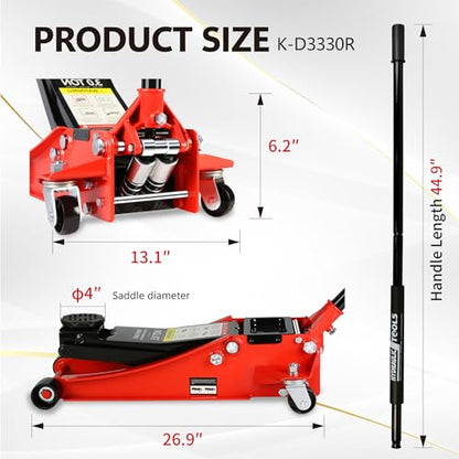 3T Low Profile Steel Floor Jack, 6600 lb, Dual Pump, 3.3"-18.5" Lift, Red | Heavy-duty steel. Dual piston quick lift. Low profile design. 3.3" entry, 18.5" max. Overload safety protection. - size: 3T Dual Pump 3.3"-18.5"(Red)