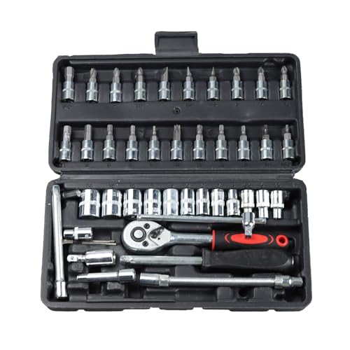 46 Pieces Mechanic Tool Kit,1/4” Dr. Socket Ratchet Wrench Set Bit Sockets Extension Bar,Metric Mechanical Tool Kit for Auto Repairing Household