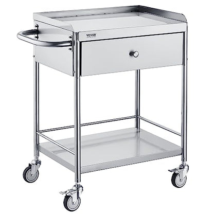VEVOR Medical Cart, 2-Layer Stainless Steel Cart 220 lbs Weight Capacity, Lab Utility Cart with 360° Silent Wheels and a Drawer for Lab, Clinic, Kitchen, Salon - size: 2-tier with 1 drawer