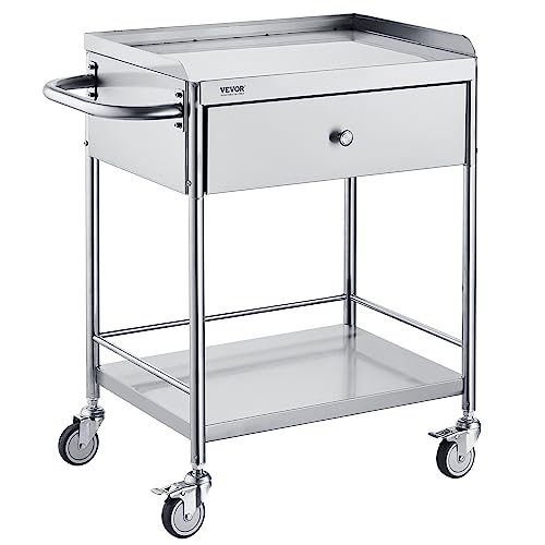 VEVOR Medical Cart, 2-Layer Stainless Steel Cart 220 lbs Weight Capacity, Lab Utility Cart with 360° Silent Wheels and a Drawer for Lab, Clinic, Kitchen, Salon - size: 2-tier with 1 drawer