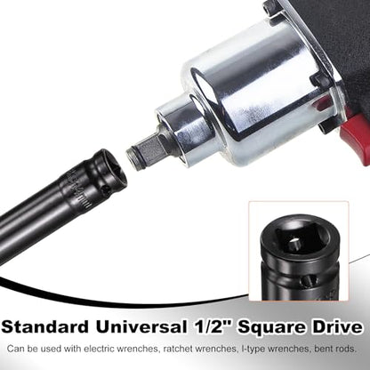 HARFINGTON 3pcs 6-Point Deep Impact Socket 1/2" Drive 14mm Metric Socket 7.7" (195mm) Extra Long Heat-Treated 45# Steel for Home Auto Spindle Axle Hex Nuts Bolts Repair, Black - size: 14mm + 7.7" Long