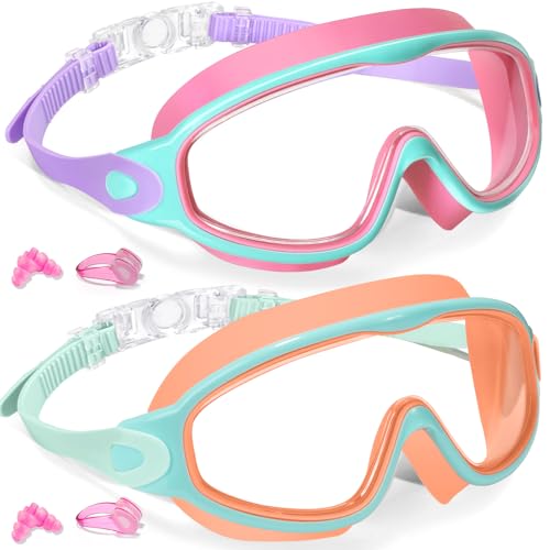 Keary 2 Pack Kids Swim Goggles for 3-15 UV Protection Anti-Fog Pool Water Swimming Goggles for Boys Girls Youth Toddler - color: Pink & Orange