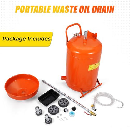 20 Gallon Waste Oil Drain Tank, Portable Air Operated Drainer With Adjustable Funnel Height 38"-65", Portable Oil Drain Container,15" Funnel Fluid Fuel Transfer Drainage With 360° Wheels & Toolbox - color: Orange