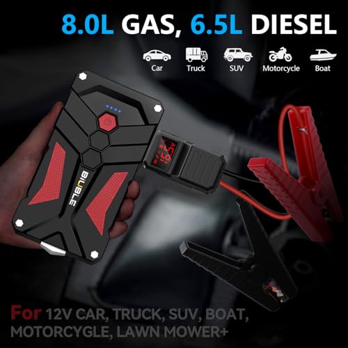 Jump Starter Car Jump Starter Auto Battery Booster Pack 8000A Peak 12V with USB-C Quick Charge,Lithium Jump Box with LED Light(Up to 8.0L Gas or 6.5L Diesel Engine) - color: Balck
