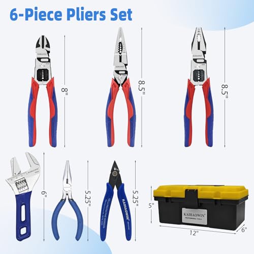 KAIHAOWIN 6-Piece Tool Set with Case, 8.8” Long Nose, 8.8” Linesman, 8” Diagonal, 6“ Adjustable Wrench, 5” Needle Nose, 5" Flush Cutter for Repairing & Home Use - color: Crafting Set