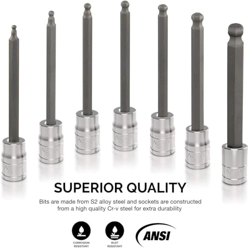 Neiko 10072A 3/8-Inch Drive Extra Long Allen Hex Bit Socket Set, SAE, 1/8-Inch - 3/8-Inch | S2 and Cr-V Steel, 7-Piece Set - style: SAE
