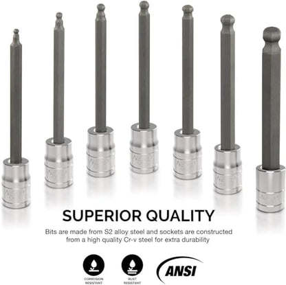 Neiko 10072A 3/8-Inch Drive Extra Long Allen Hex Bit Socket Set, SAE, 1/8-Inch - 3/8-Inch | S2 and Cr-V Steel, 7-Piece Set - style: SAE