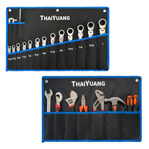 2-Pieces Roll Up Wrench Pouch SAE, Heavy Duty Canvas Tool Wrench Organizer Bag 7+13 Pockets (Only Pouch) - style: 7+13 Pockets