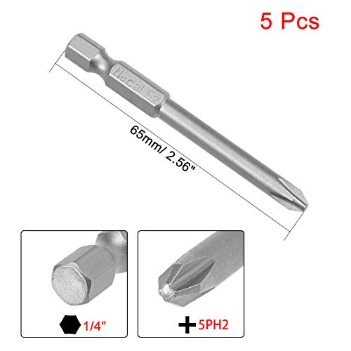 uxcell 5 Pcs 5mm PH2 Magnetic Phillips Screwdriver Bits, 1/4 Inch Hex Shank 2.56-inch Length S2 Power Tool - size: 5.0xPH2