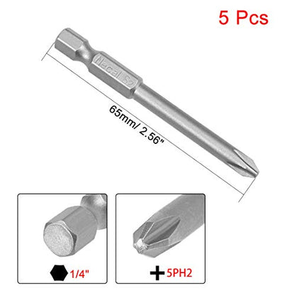 uxcell 5 Pcs 5mm PH2 Magnetic Phillips Screwdriver Bits, 1/4 Inch Hex Shank 2.56-inch Length S2 Power Tool - size: 5.0xPH2