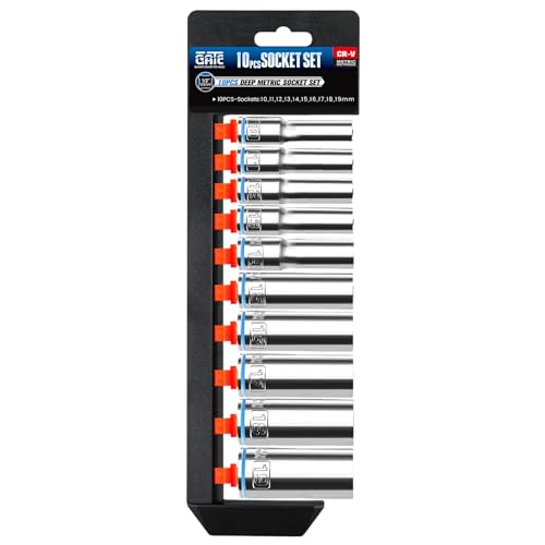 10PCS 1/2” Drive Deep Socket Set, Metric (10mm-19mm), 6-Point, Cr-V Steel, Chrome Plated Socket With Hanging Bracket, Cover Most Commonly Sizes - size: 1/2"Metric (10mm-19mm)