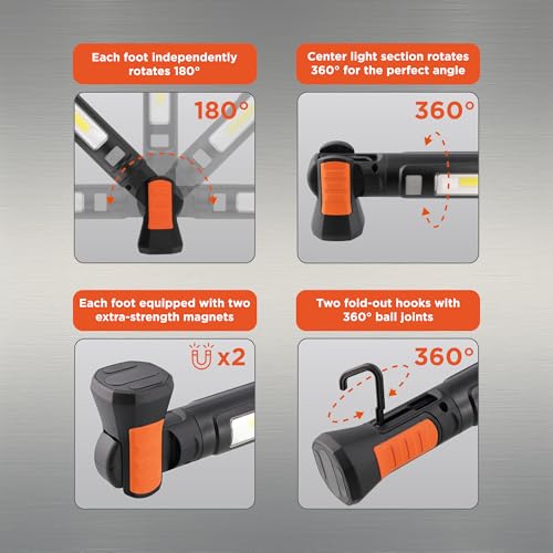 BLACK+DECKER Magnetic LED Light Bar & 2600mAh Power Bank, Adjustable 1400 Lumens COB Utility Work Light, 4 Modes, 360° Rotation, Dual Hooks, IK07 Shock-Resistant, Indoor/Outdoor IP54 Weather-Resistant