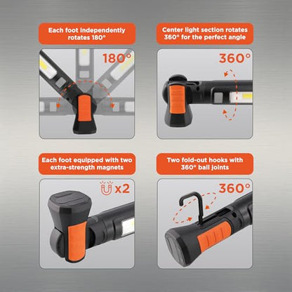 BLACK+DECKER Magnetic LED Light Bar & 2600mAh Power Bank, Adjustable 1400 Lumens COB Utility Work Light, 4 Modes, 360° Rotation, Dual Hooks, IK07 Shock-Resistant, Indoor/Outdoor IP54 Weather-Resistant
