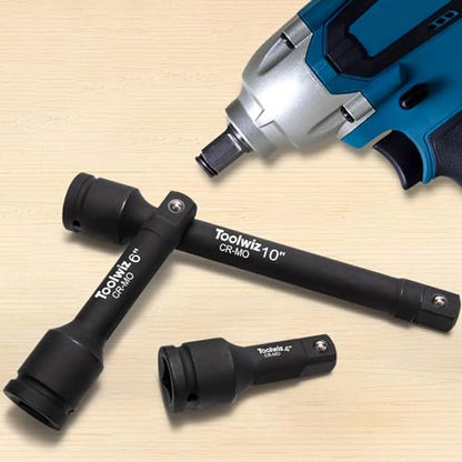 Toolwiz 3/4" Drive Impact Extension Bar 4", 6", 10" (3 Piece) Cr-Mo Steel | Expand Range of Impact Drivers, 3/4 inch Ratchet Wrench Extension Bar Socket Set Organized in Heavy Duty PVC Box, Black - size: 3/4" Drive (4", 6", 10")