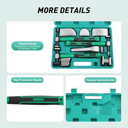 9PCS Auto Body Repair Kit, Hand Car Auto Body Work Hammer Fender Tool, Dent Crowbar Metal Repair Kit Fender Carbon Steel Dolly and Hammer Dolly Set with Carrying Case