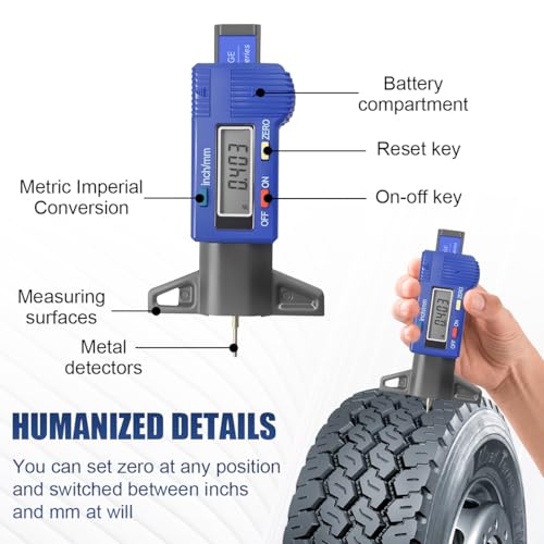 Digital Tire Tread Depth Gauge, Portable 0.01mm Resolution Vehicle Tire Wear Checker with LCD Display & Inch/MM Conversion, Universal Auto Measuring Tool for Car Truck Tires (Blue) - color: Blue