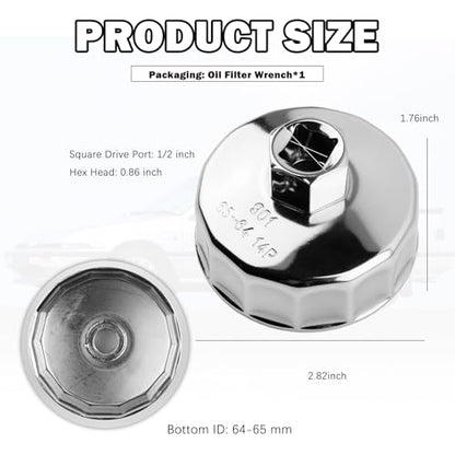 64-65mm Oil Filter Wrench Driven by 1/2" Tool,14 Flute Car Oil Filter Tool Compatible with Honda Nissan Acura,Sturdy Car Oils Filters Removal Tools Automotive Tools