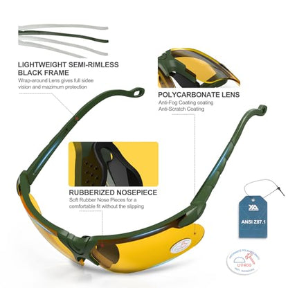 xaegistac Shooting Glasses with Case-Safety Glasses Anti Fog | Z87.1 Certificated Impact Resistance Safety Glasses for Hunting Shooting Sports - color: Yellow Lens-green Frame