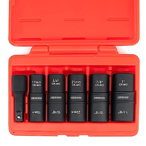 NEIKO 02287B 6-Pc 1/2-Inch-Drive Impact Socket Set, 10 SAE & Metric Sizes, Thin Wall Wheel Lug Nut Socket Set, Cr-Mo, 3-Inch Extension Bar, 6-Point, 19 & 21mm Sockets - size: 6 Piece, style: Flip Socket
