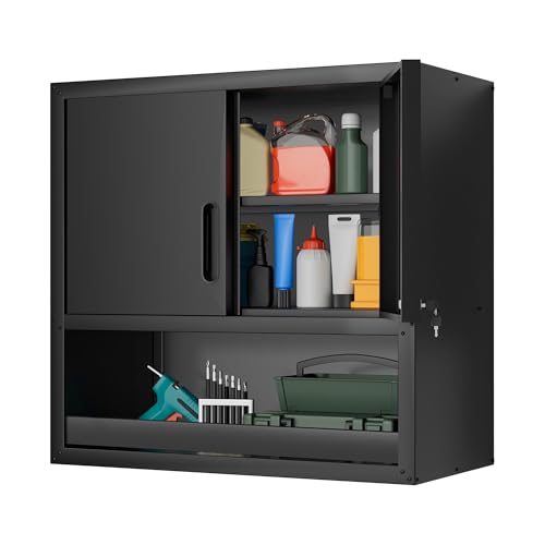 Garage Wall Cabinet,29.5" W Wall Mounted Garage Cabinets with Adjustable Shelf,Heavy Duty Lockable Metal Cabinet,Secure Hanging Tool Cabinet for Basement,Laundry Room,Workshop,Black - color: Black, size: 2 Doors & Open Storage