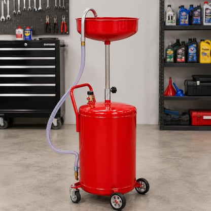 XtremepowerUS Portable Waste Oil Drain Tank Air Operated Drainage Adjustable Funnel Height with Wheel, Red (23 Gallon) - size: 23 Gallon