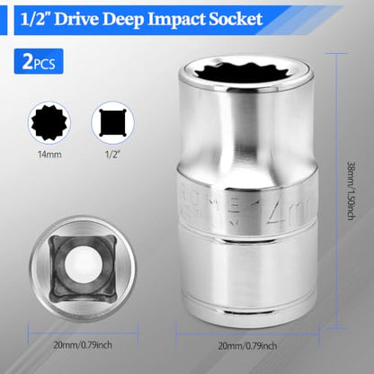 2 Pcs 1/2" Drive 14mm Shallow Impact Socket | Anti-Rounding 12 Point Design, Square Chamfered Opening, Easy Removal of Axle Nut - color: Shallow, size: 14mm