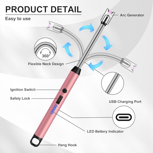 LcFun Candle Lighter Windproof USB C Electric Lighters with 360° Flexible Neck & Safety Lock, 2 Pack Flameless Lighters Long Stem Matches for Candle, Grill, BBQ, Gas Stoves (Gold & Pink) - color: Gold & Pink