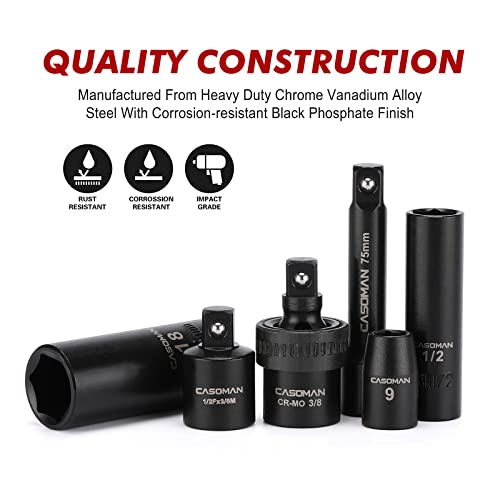 CASOMAN 3/8" Drive Impact Socket Set, 49 Piece Standard SAE and Metric Sizes (5/16-Inch to 3/4-Inch and 8-22 mm), 6 Point, Cr-V Steel Socket Set - size: ‎3/8"Drive 48pcs Impact Master Socket Set
