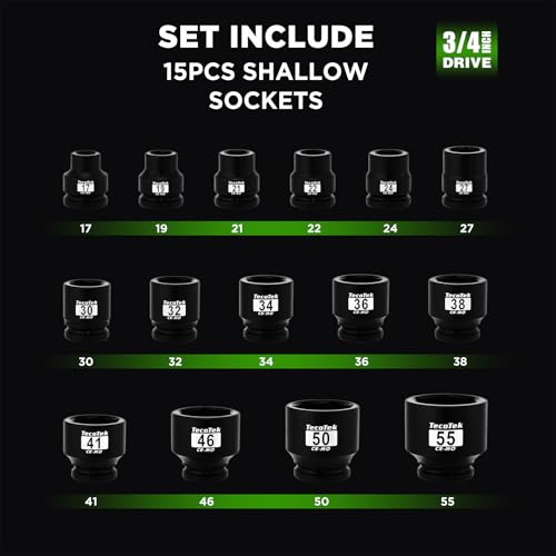 TecoTek 3/4" Drive Shallow 6-Point Impact Socket Set, 15-Piece Heavy Duty Impact Socket Set, CR-MO, Metric (17mm to 55mm), Enhanced Storage Case - size: 15PC Metric (0.67" to 2.17")