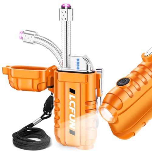 LcFun USB Rechargeable Electric Arc Lighter Windproof Plasma Lighters with LED Battery Display, Waterproof Matches with Flashlight for Camping, Survival Tactical Gear - color: Orange, style: Flexible Arc With Flashlight