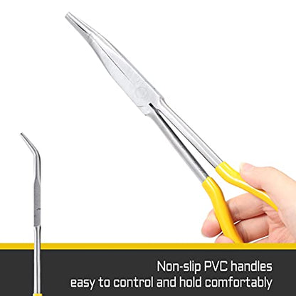 11-Inch Long Reach Bent Nose Pliers with Serrated Jaws 45 Degree Angled Needle Nose Plier Angled Pliers, Long Reach Plier for Hard to Reach Narrow Spaces & Limited Clearance Areas - style: 45 Degree angled pliers