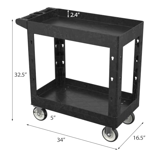 Large Garage Plastic Utility Cart, Heavy Duty 2 Shelf Tool Cart Service Cart Rolling Push Carts with Ergonomic Handle 5" Swivel Casters. - color: Black, size: 34 x 17 Inch
