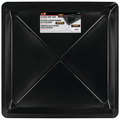 Performance Tool W4062 22 Inch by 22 Inch Plastic Drip Pan - Chemical-Resistant Polypropylene for Garage, Bath, Plumbing, Emergencies, Vehicle Repairs, Oil Change, Pour Spout, Catch Leaks - Black