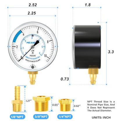 MEANLIN MEASURE 0-10” WC Manifold Gas Pressure Test Kit, Pressure Gauge Kit for Natural Gas or LP Gas with 40" Feet Hose, 1/8” NPT Fitting with Barbed Connection and Hex Bushing - style: 0-10” WC