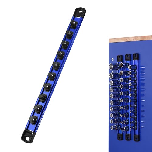 WORKPRO Magnetic Socket Organizer, 3/8" Adjustable Push-Button Socket Rail | Modular Socket Holder, Aluminum Alloy, 10 Pieces Clips, Customizable, Rotatable and Movable Clips, Quick Access, Quick Access - color: Blue, size: 3/8" DR