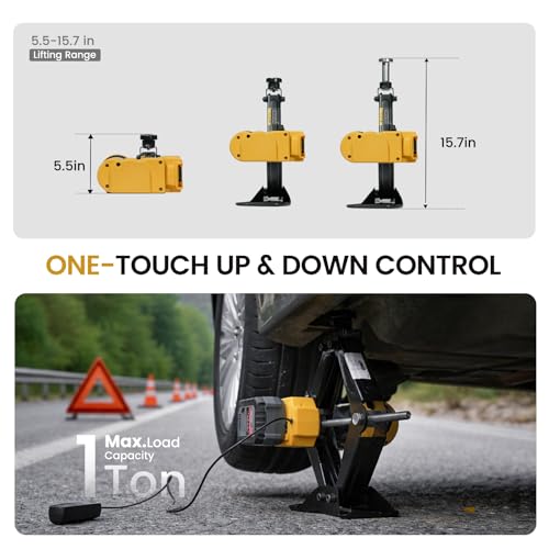 Dual Power Electric Car Jack Compatible with Dewalt 20V MAX Battery | w/ 4.0Ah Battery & 12V DC Backup, 1 Ton, 5.5-15.7in Lifting Range, Heavy Duty Steel Cordless Jack for Emergency Tire Change