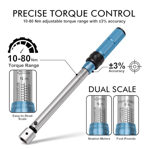 Open End Torque Wrench for Mini Split Installation, 10–80 Nm HVAC Torque Wrench with Adjustable 0–30 mm Head and Click Warning for Flare Nut Connections