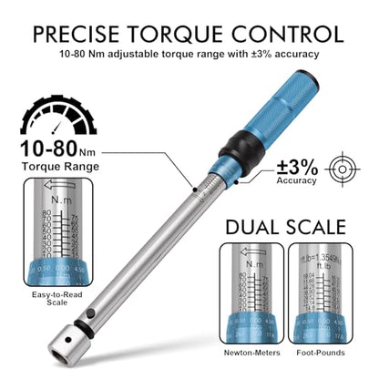 Open End Torque Wrench for Mini Split Installation, 10–80 Nm HVAC Torque Wrench with Adjustable 0–30 mm Head and Click Warning for Flare Nut Connections