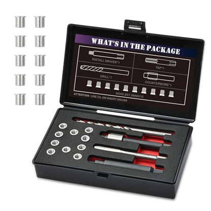 M5X0.8X7.6MM Thread Repair Kit with Insert HSS Drill, Tap, Counterbore, Installation Driver, Metric, 10PCS Stainless Steel Insert M5X0.8X7.6MM