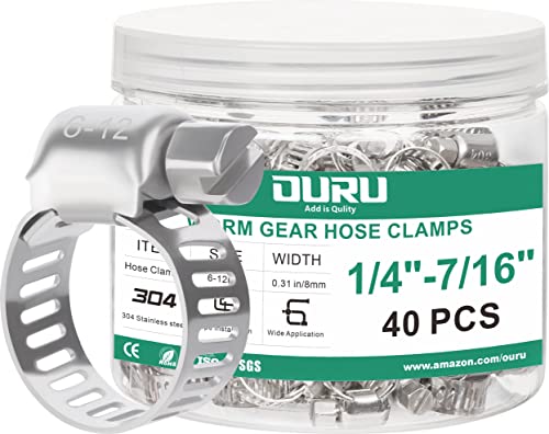OURU 40PCS Hose Clamps Stainless Steel Adjustable 1/4"– 7/16"(6-12mm) Worm Gear Hose Clamp, Heavy Duty Metal Small Hose Clamps for Automotive, Pipe, Radiator Plumbing, Fuel Line - size: 1/4"-7/16" (6-12mm) 40PCS