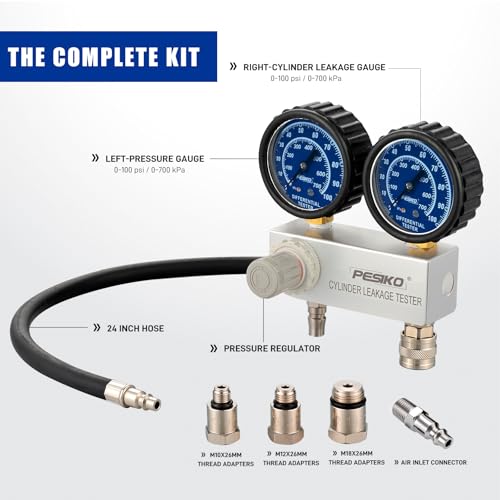Cylinder Leak Tester Kit with Dual-Gauge, Engine Leak Detector Kit | Dual-gauge 0-100PSI/700kPa, Fits 10-18mmSpark Plugs, for Cars, Motorcycles, Mowers - color: Cylinder Leak Tester Kit