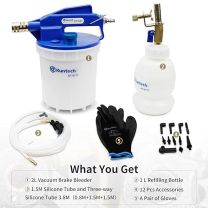 Kuntech Vacuum Brake Bleeder Kit with 2L Brake Fluid Extractor and 1L Refilling Bottle, One Person Pneumatic Vacuum Bleeder Tools, Air Pressure Brake Bleeder Tools for Auto Car Truck