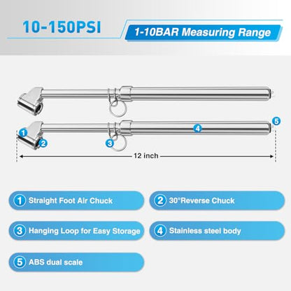 Nilight Dual Head Tire Pressure Gauge Heavy Duty Truck Air Chuck Range 10-150PSI 1-10Bar Tire Pressure Checker Straight-On Tire Air Gauge Extended Tube for Semi Truck, RV, Car, Motorcycle - color: 2pc Tire Pressure Gauge