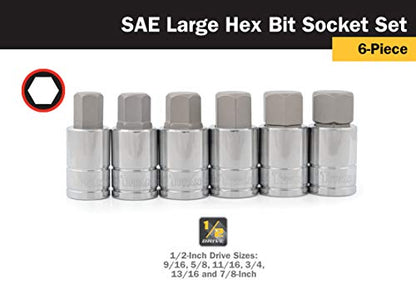 Titan 16130 6-Piece 1/2-Inch Drive SAE Hex Bit Socket Set, Magnetic Socket Organizer with Laser-Etched Size Markings - style: Large SAE Hex
