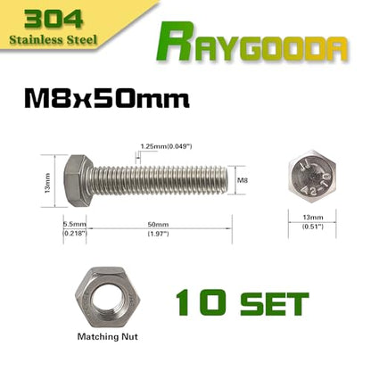 M8-1.25x50mm Hex Bolt and Nut Kit 10set, 304 Stainless Steel (A2-70), Full Thread, Bright Finish, Machine Threaded for Automotive, Machinery, DIY - size: M8x50mm(10 Sets）