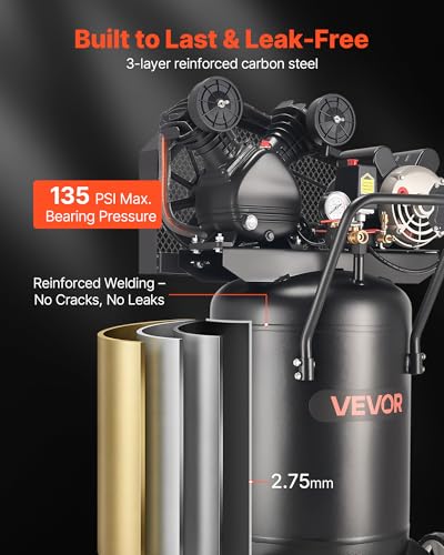 VEVOR 20 Gallons Air Compressor, 2HP 6.5SCFM at 90PSI, Max 135PSI Pressure Oil-Lubricated Air Compressor Tank,Portable on Wheels for Auto Repair,Tire Inflation,Spray Painting,Woodwork Nailing,120V - size: 20-Gallon 135PSI